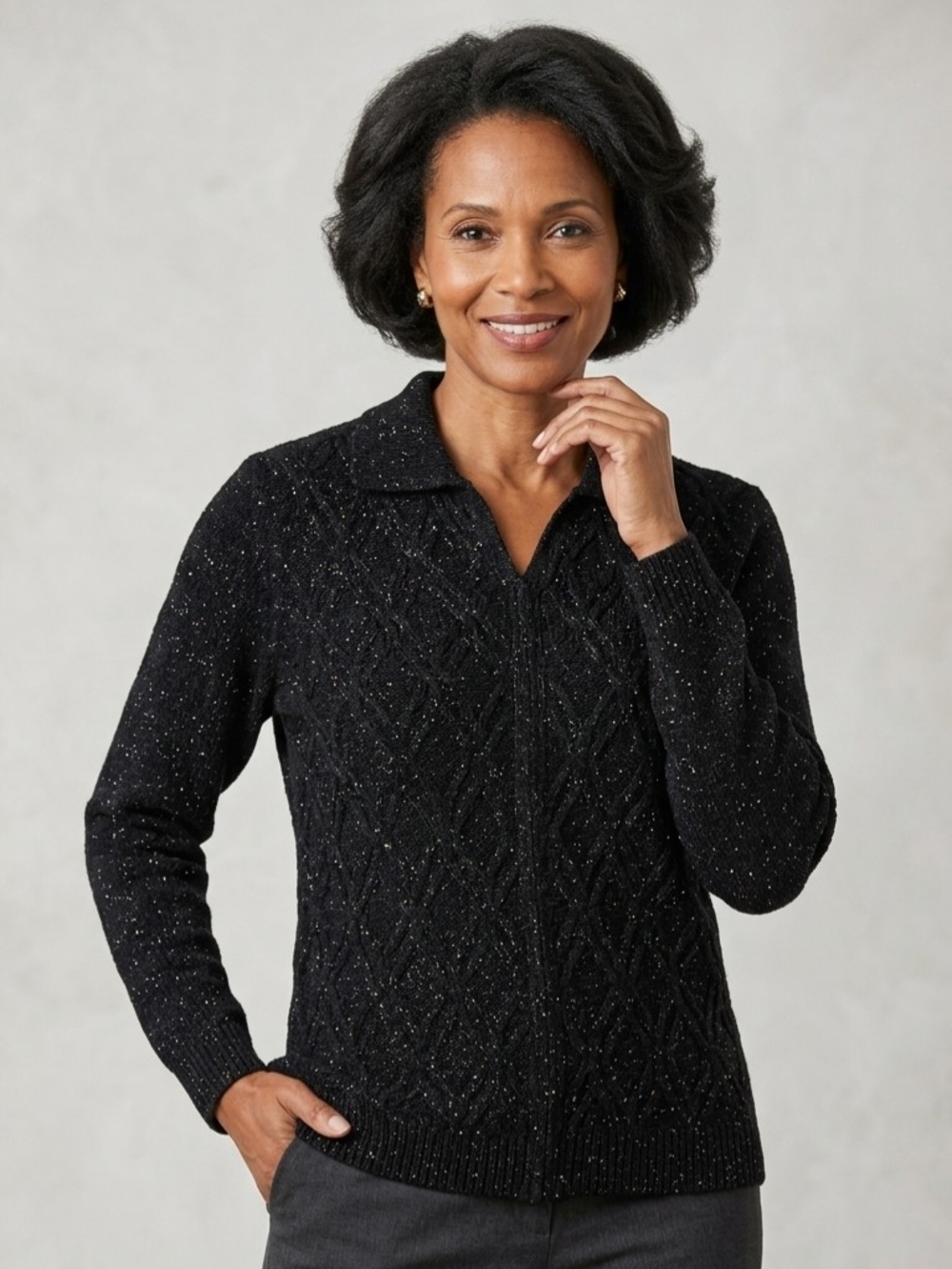 Alfred Dunner Black Zip-Front Diamond Knit Cardigan